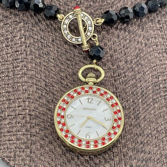 Heidi Daus Watch Pendant Necklace Timing Is Everything Jet Black Red Crystal 36" - Picture 4 of 10